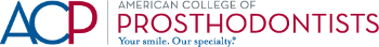 Logo for the American College of Prosthodontists with the tagline "Your smile. Our specialty.