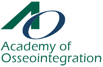 Academy of Osseointegration logo featuring a green "A" and a blue "O" above the organization's name in green text.