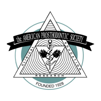 Logo of the American Prosthodontic Society featuring a triangle with a caduceus symbol, pinecones, and the words clinical, education, research, and founded 1928.