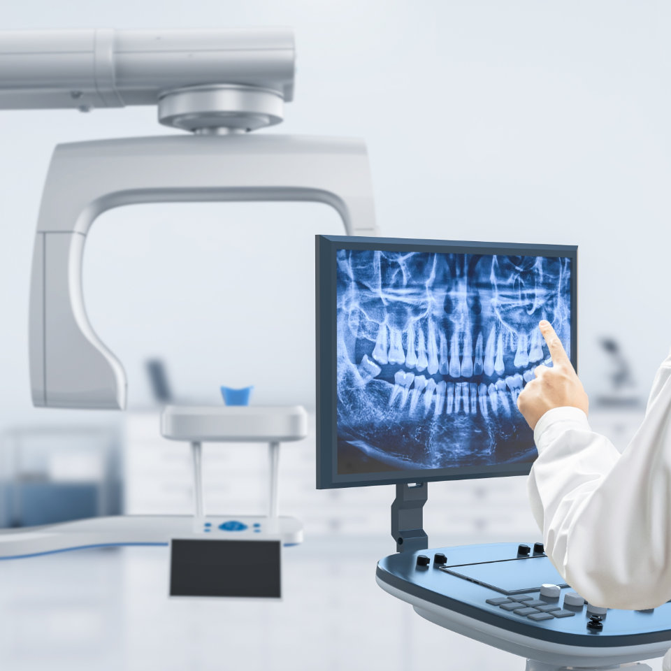 Dentist analyze digital x-ray film from scanner machine in 3d rendering