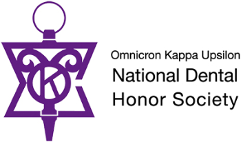 Purple Omicron Kappa Upsilon key-shaped logo on the left, with text on the right reading "Omicron Kappa Upsilon National Dental Honor Society.