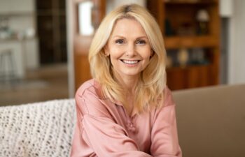 Portrait Of Blonde European Mature Woman Posing Smiling To Camera Sitting On Sofa At Home. Lady Resting On Cozy Couch In Modern Living Room Indoor. Ageless Beauty And Elegance Concept