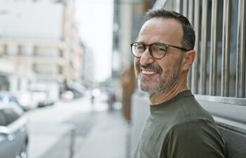 Brimming with joy, middle age man with grey hair stands confidently on city street, his smile beaming happiness as he subtly laughs, his mature expression telling tales of a fulfilled life.